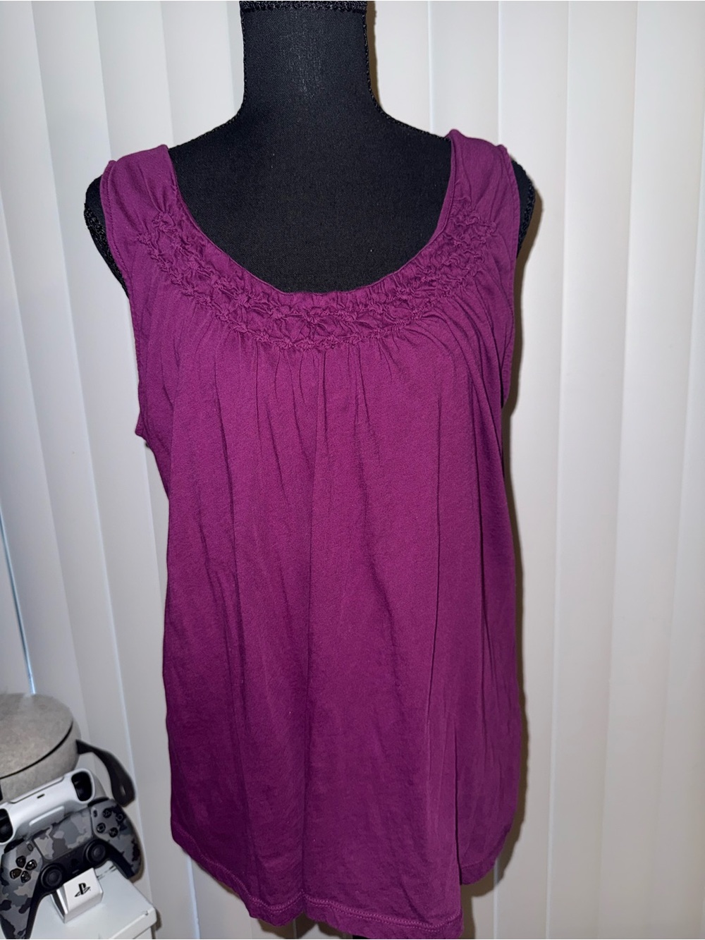 Sleeveless Scoop Neck Tank in Deep Purple with Smocked Yoke